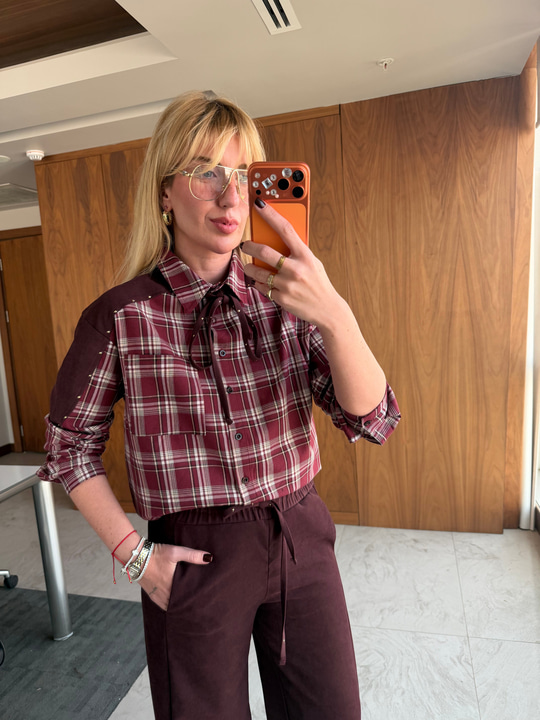 Orijinal Model, Bordo Ekoseli, Taş Detaylı Premium Gömlek & Pantalon Takım