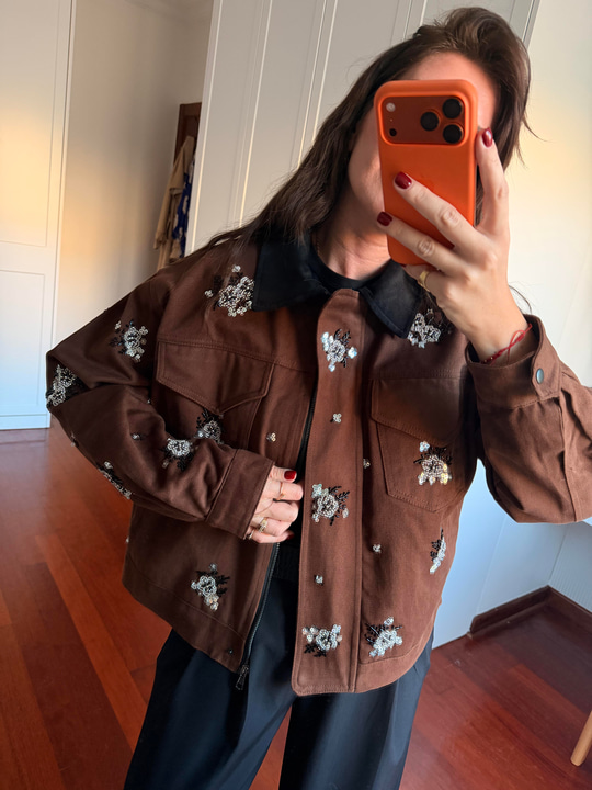 Orijinal Model Taş İşlemeli, Acı Kahve Premium Gabardin Ceket