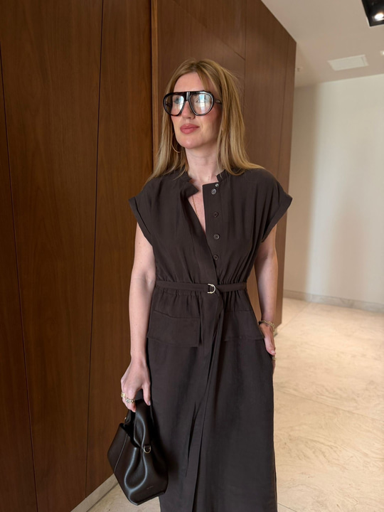 Orijinal Model , Kuşaklı & Cepli , Acıkahve Tencel Elbise