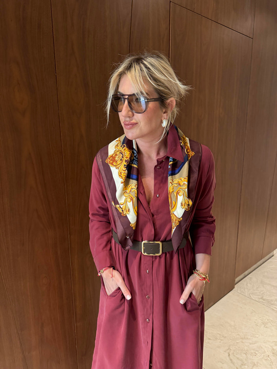 Kemerli , Tencel Modal , Bordo , Gömlek Elbise