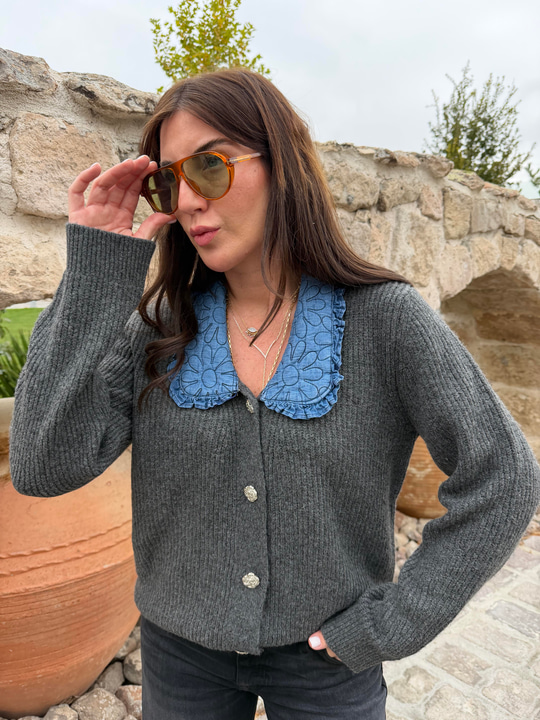 Orijinal Model , Jean Yakalı , Taş Düğmeli , Gri triko