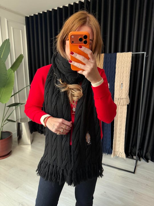 Orijinal Model Teddy İşlemeli Siyah Atkı