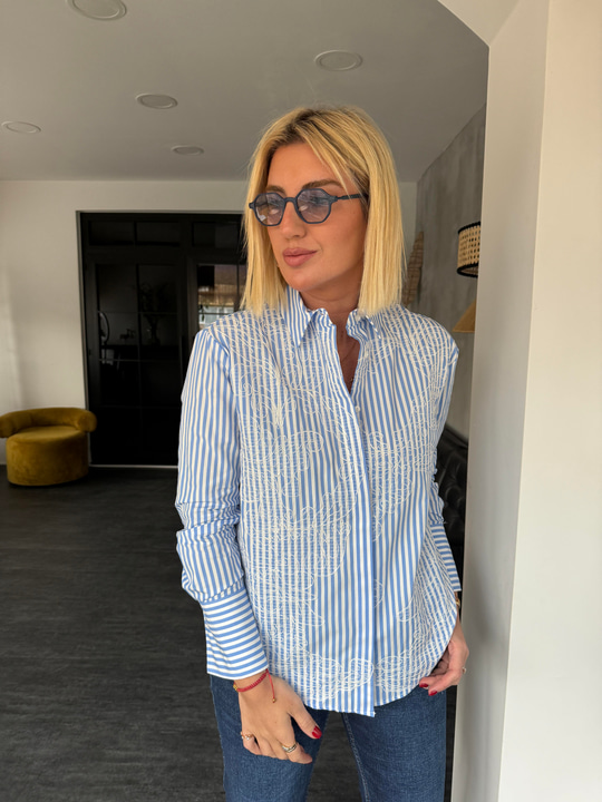 Premium Nakış İşlemeli , %100 Koton , Çizgili Poplin Gömlek