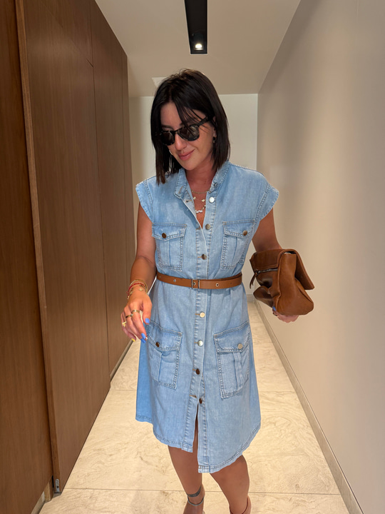 Önden Cepli , Taba Kemerli , Tencel Jean , Gömlek Elbise