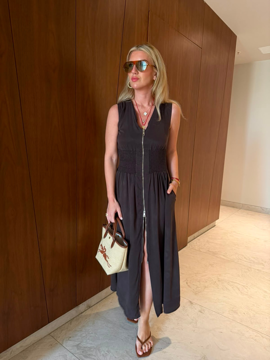 Orijinal Model , Gipeli , Çift Fermuarlı , Tencel Acıkahve Elbise