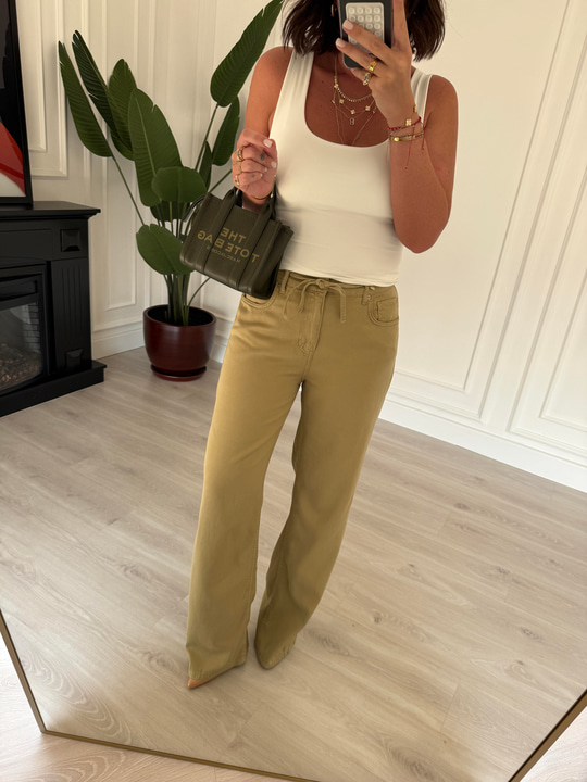 Arkası Lastikli , Kuşaklı , Premium , Haki , Tencel Gabardin Palazzo