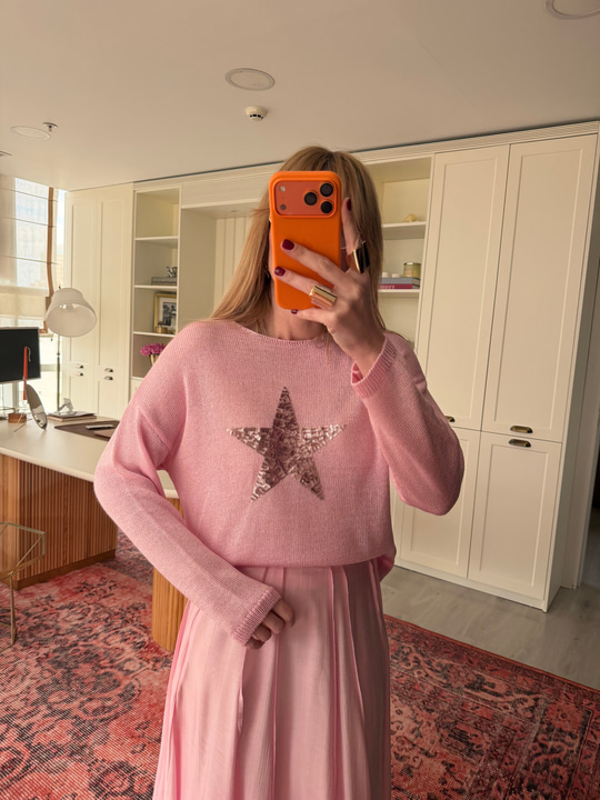 Yıldız Payetli Pembe Merserize Bluz