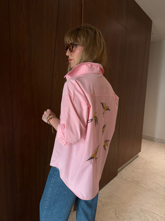 Boncuk Kuş İşlemeli , Pembe Poplin Gömlek