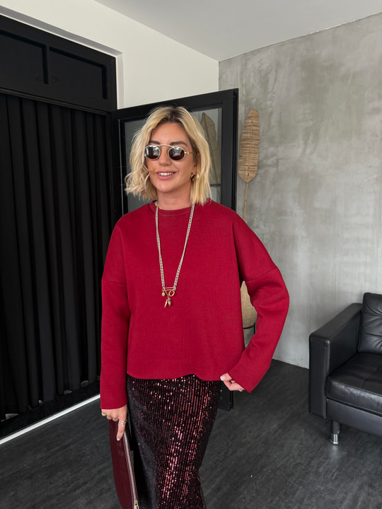Yanı Yırtmaçlı , İçi Şardonlu , Bordo Sweatshirt