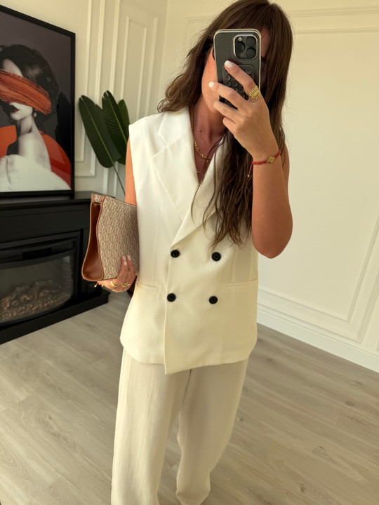 Blazer Yelek & Pantolonlu , Ekru Premium Takım