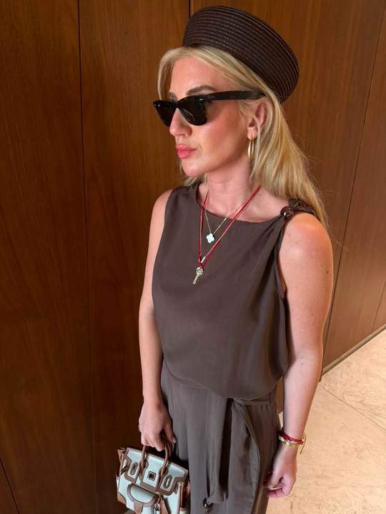 Orijinal Model , Omzu Boncuk Detaylı Bluz & Pantolon , Acıkahve Tencel Takım