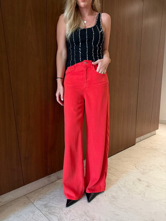 Kırmızı , Yumuşacık Tencel Jean Pantolon