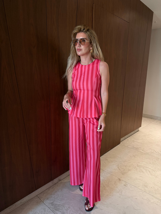 Kırmızı & Pembe Çizgili , Bluz & Pantolon Takım