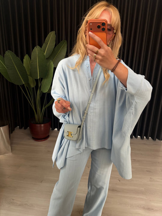 %100 Cotton Önden Düğmeli Gömlek, Beli Lastikli Pantalon Takım