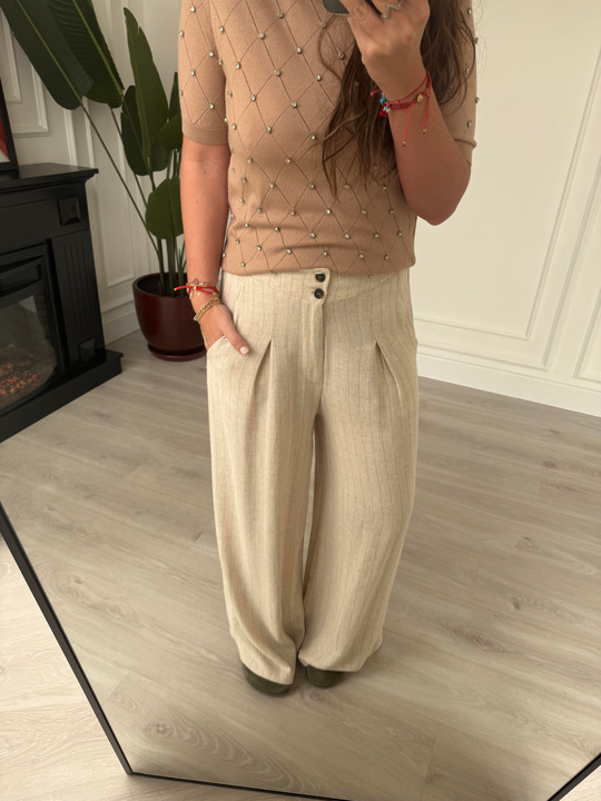Arka Beli Lastikli , Camel Çizgili , Keten Dokulu , Bej Pantolon