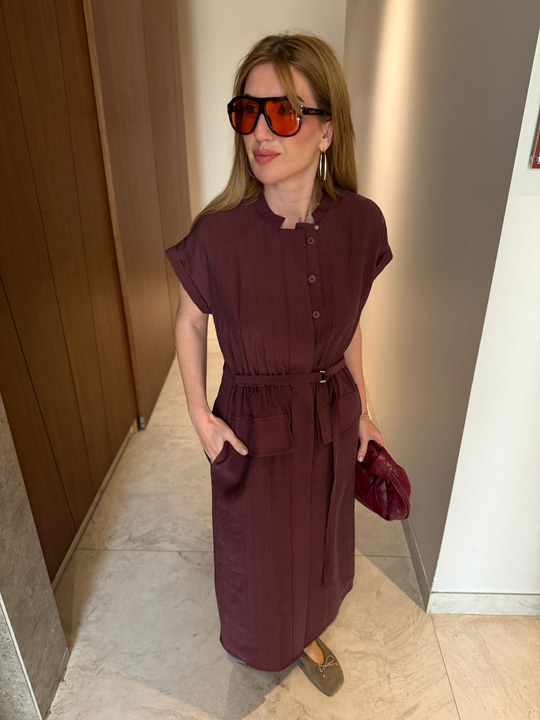 Orijinal Model , Kuşaklı & Cepli , Mürdüm Tencel Elbise