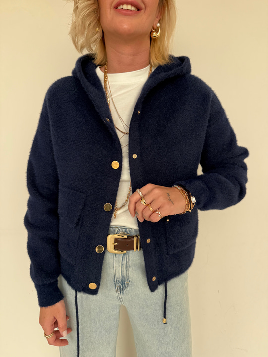 Lacivert Premium Angora, Gold Düğmeli Kapişonlu Triko 