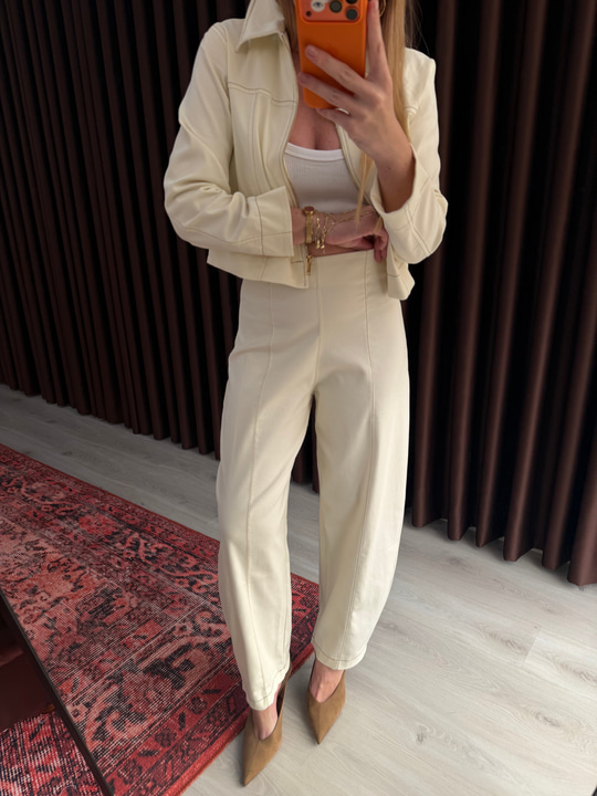 Baggy Model , Likralı Gabardin , Açık Bej Pantolon