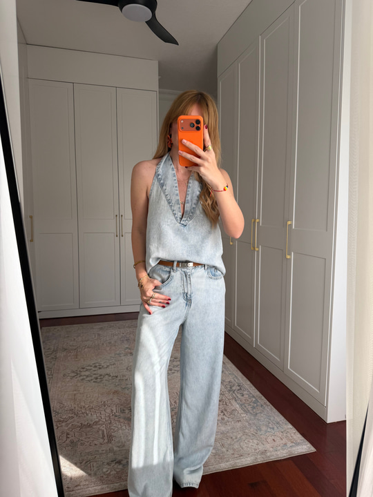 Orijinal Model , V Yaka , Premium , Buz Mavisi Tencel Jean Takım