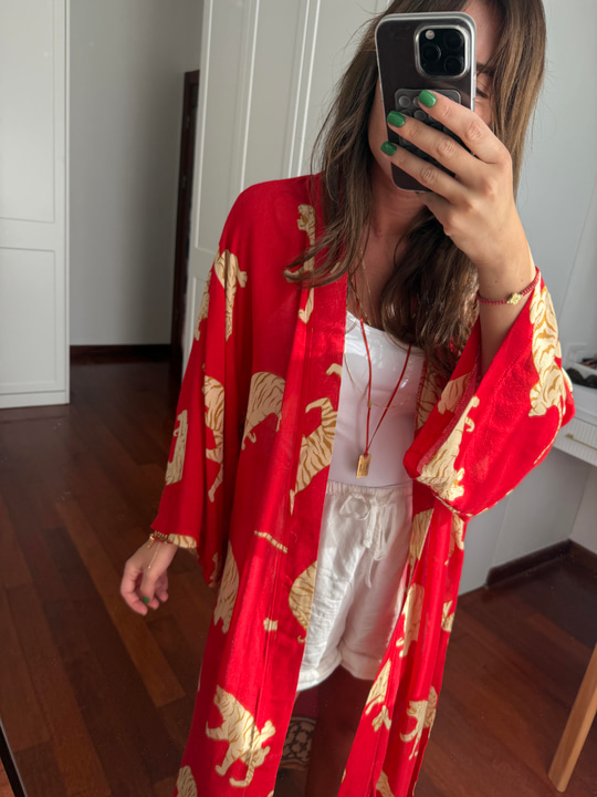 %100 Pamuk , Kaplan Desenli , Kırmızı Kimono
