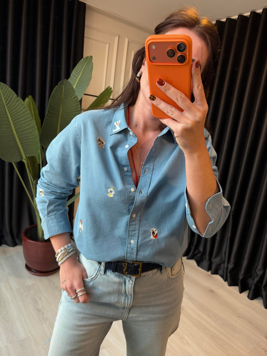 Orijinal Marka Hayvan Motif İşlemeli Tencel Jean Gömlek