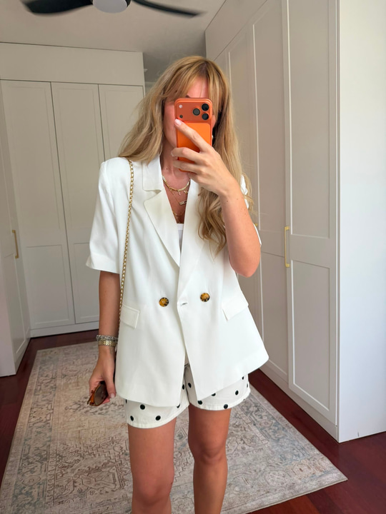 Tencel Dokuda , Kısa Kollu , Premium Beyaz Blazer Ceket
