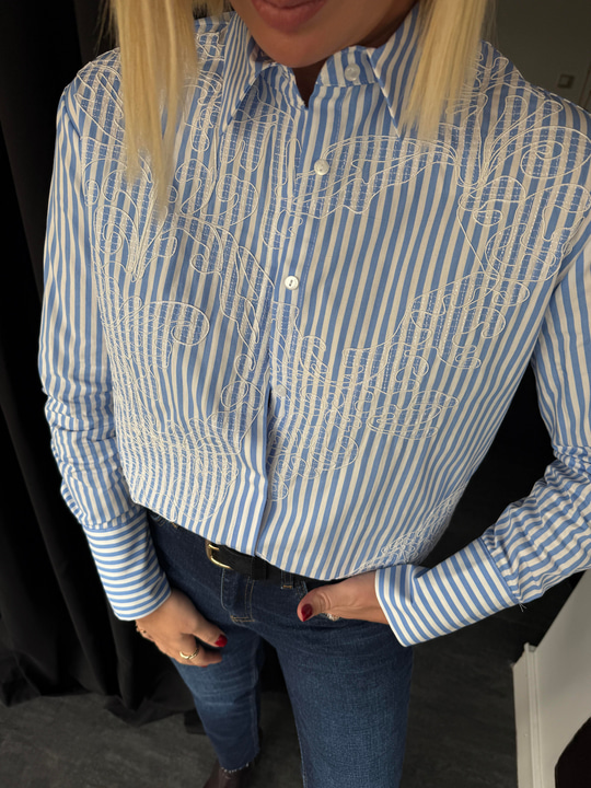 Premium Nakış İşlemeli , %100 Koton , Çizgili Poplin Gömlek