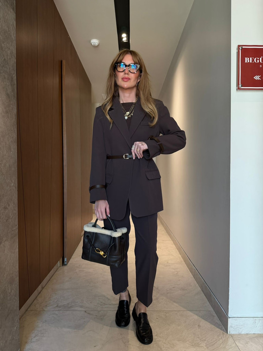 Orijinal Model , Premium , Acıkahve , Kemerli Blazer & Pantolon Takım