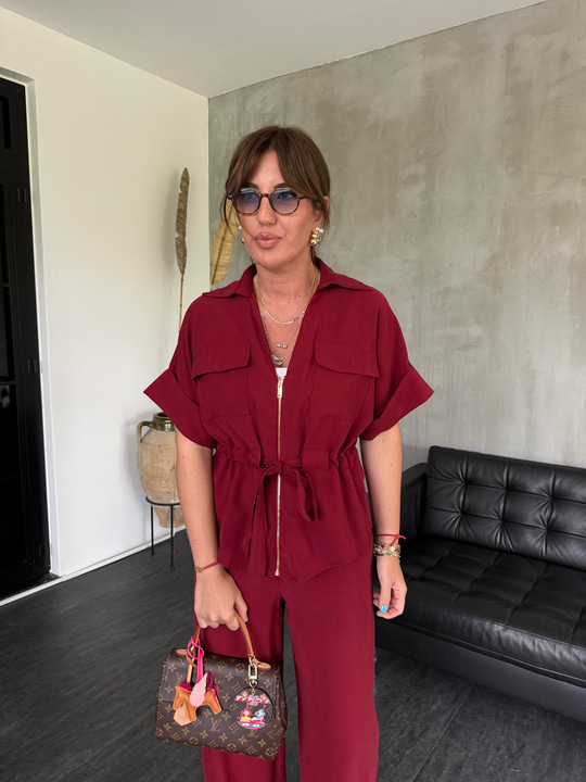 Bordo Tencel Ceket & Beli Lastikli Pantolon Takım