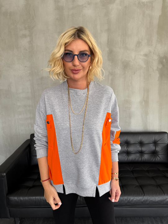 Orijinal Model , Turuncu Neon Detaylı , Gri Sweatshirt