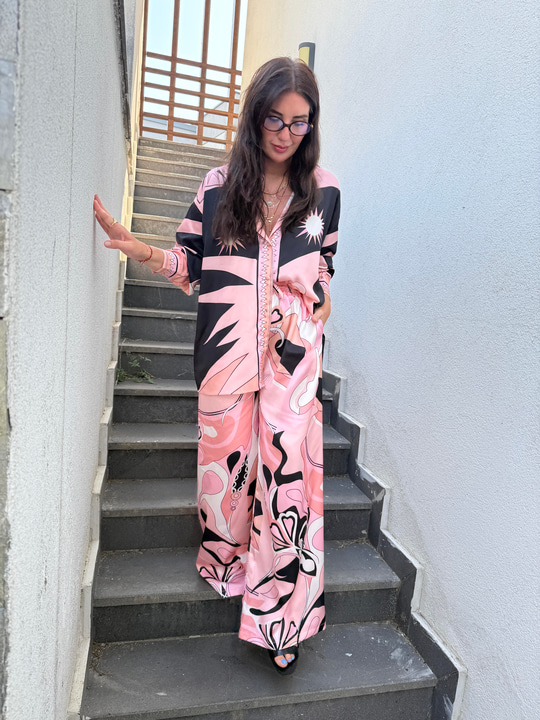 Orijinal Model , Beli Lastikli , Pantolon & Gömlek , Desenli , Pembe Saten Takım