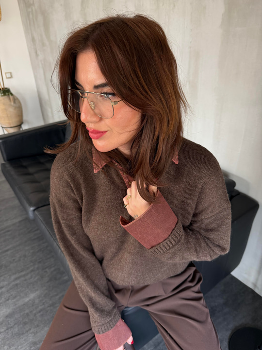 Yakası Kot Detaylı , Acı Kahve Triko