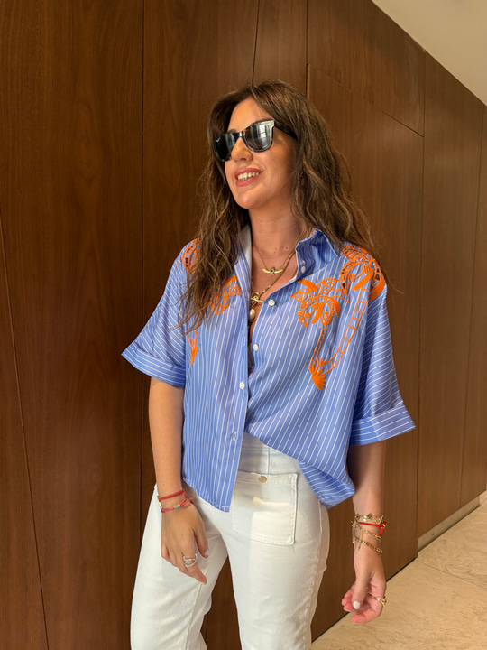 Özel Üretim Orange Nakışlı, Çizgili Poplin Gömlek