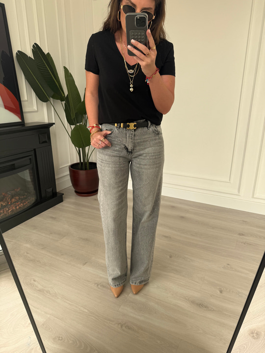 Önü Komple Taşlı Füme Jean Pantolon