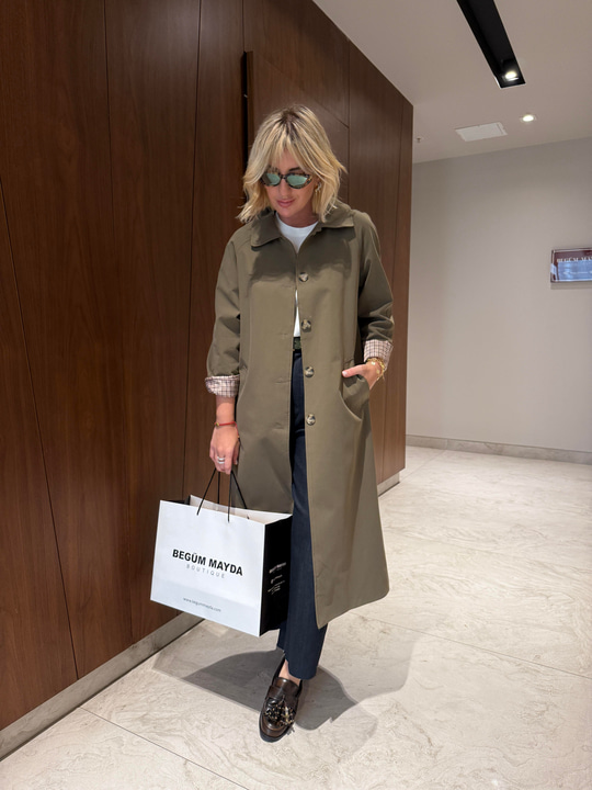 İçi Ekose Astarlı , Haki , Premium Trençkot