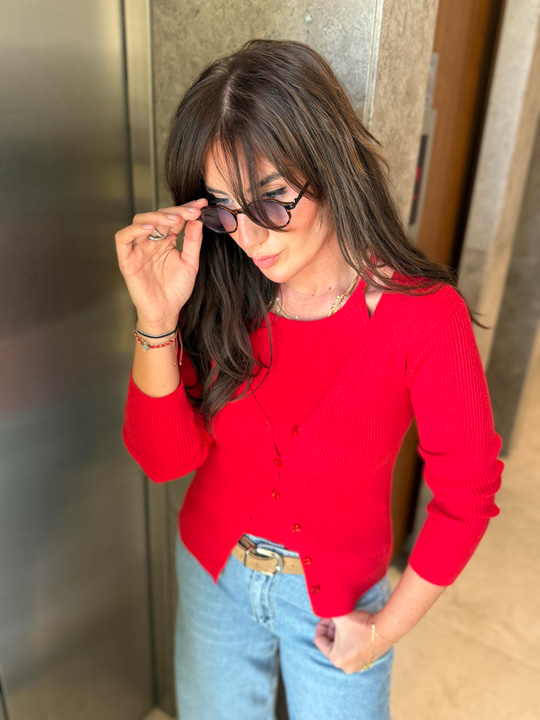 Halter Yakalı Atlet & Hırka , Kırmızı Triko Takım
