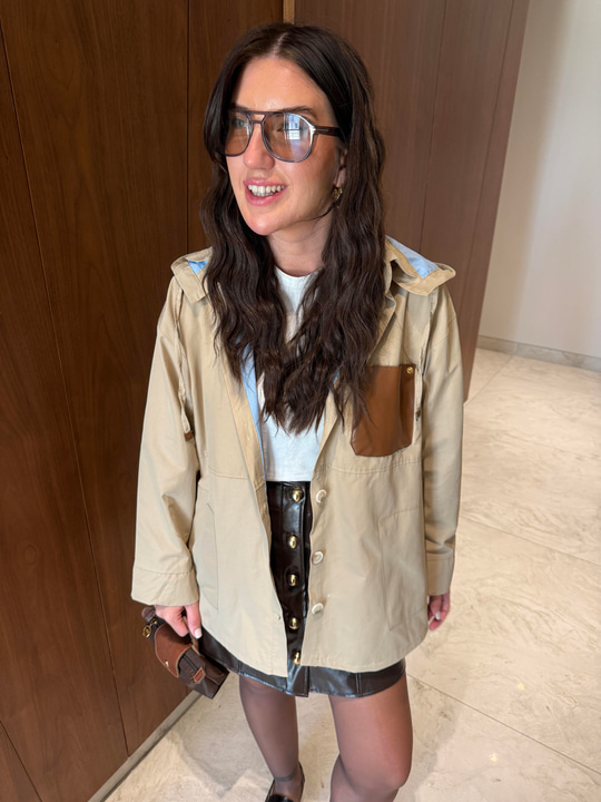Orijinal Model , Deri Detaylı , Bej & Bebe Mavisi , Kapüşonlu Ceket