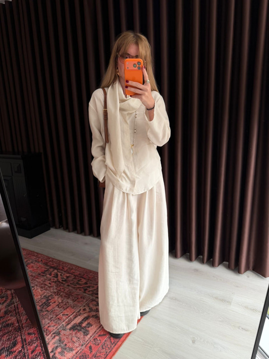 Ekru, Orijinal Model Fular Yakalı Gömlek & Pantalon Premium Tencel Takım