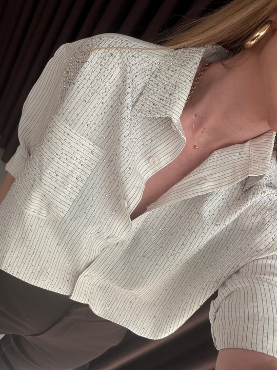Çizgili Beyaz, Parıltılı Taşlı Tencel Gömlek