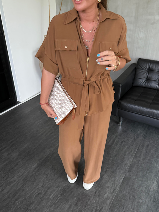 Camel Tencel Ceket & Beli Lastikli Pantolon Takım