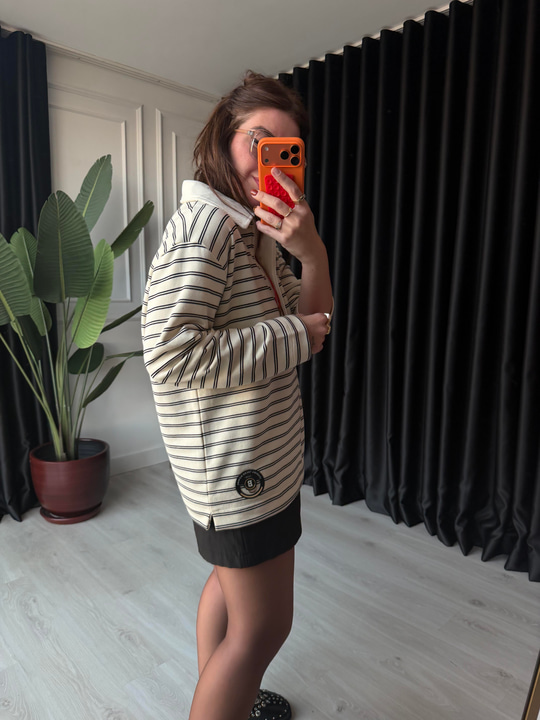 Yarım Fermuarlı , Siyah Çizgili , Polo Yaka Sweatshirt