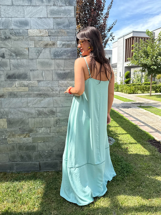 Önü Örgü Çiçekli , Mint Yeşili , Askılı Elbise