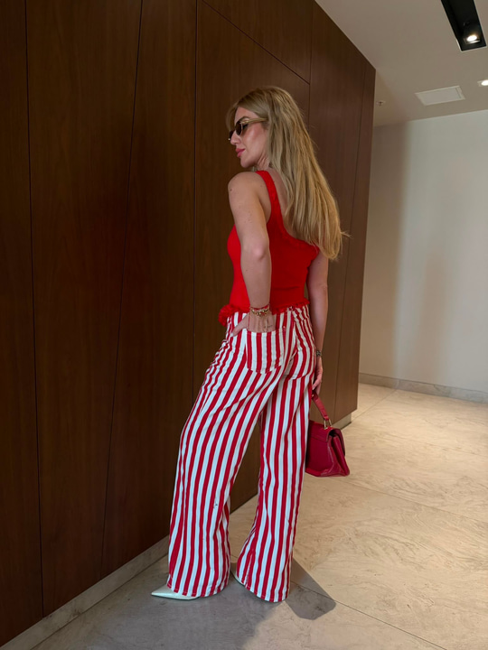 Kırmızı Beyaz Çizgili , Tencel Pantolon