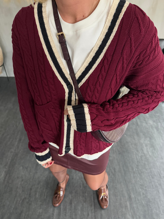 Premium Kalite , V Yaka , Bordo & Ekru , Triko Hırka