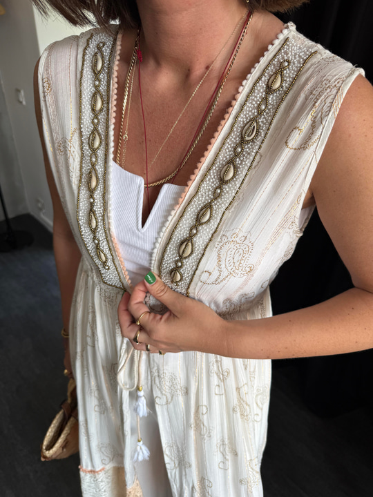 Deniz Kabuğu İşlemeli , Bronz Parılıtılı , Premium Kimono