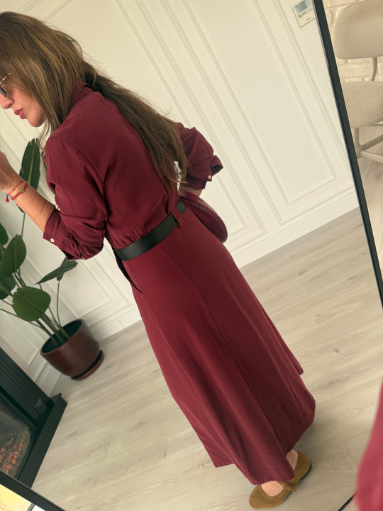 Premium Tok Tencel, Kemerli Bordo Gömlek Elbise