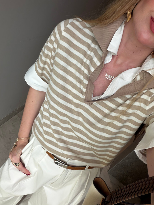 Bej Çizgili, Poplin Detaylı Polo Yaka Modal Bluz