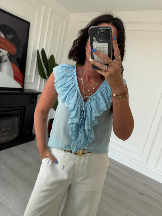 Fırfır Detaylı , Premium Seri , Bebe Mavisi , Kolsuz Bluz