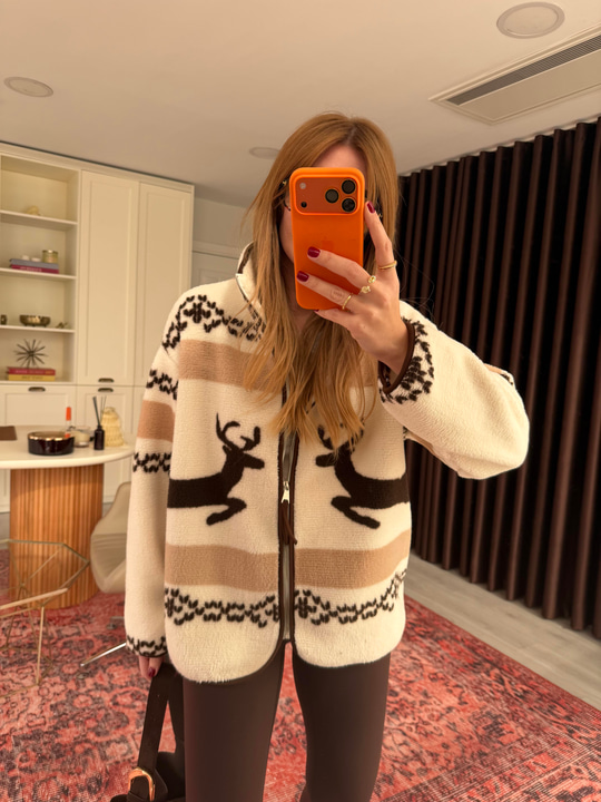 Orijinal Model , Kahve Desenli , Fermuarlı Polar Mont