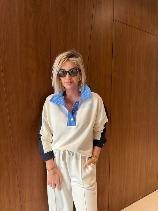 Yanı Paraşüt Detaylı , Çizgili Dik Yaka , Modal Sweatshirt